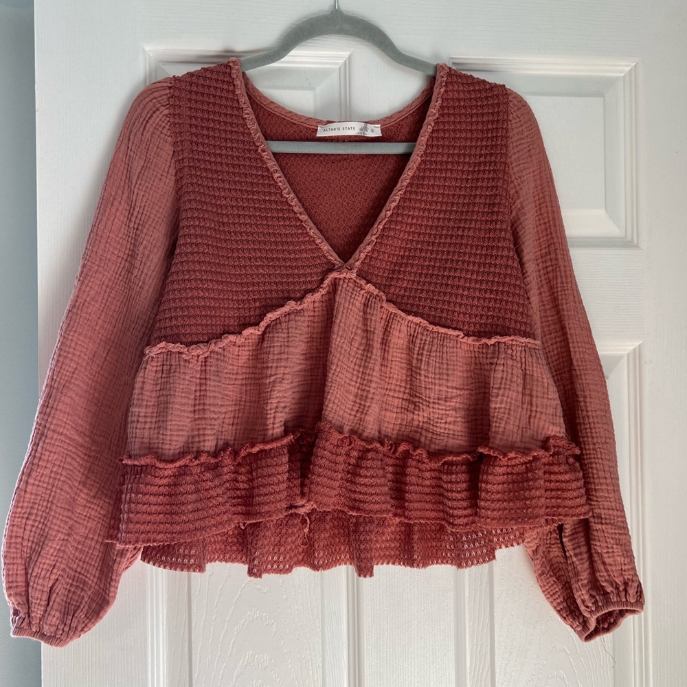 Women's Textured V-Neck Top - Rust